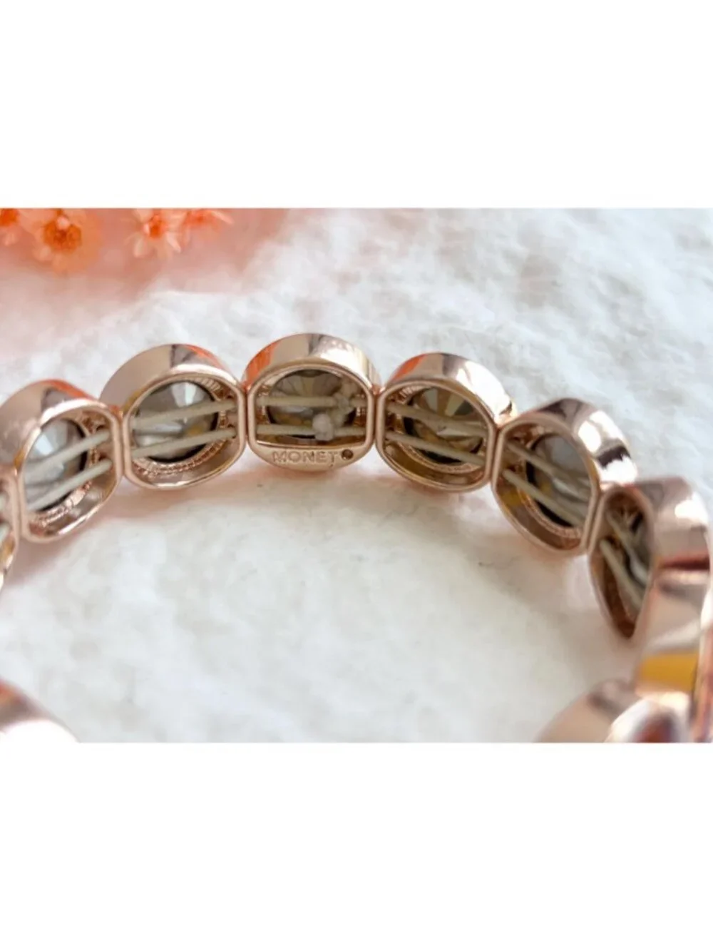 Monet Designer Signed Gold Toned Pink & Orange Rhinestone Stretchy Link Bracelet - Picture 5 of 12